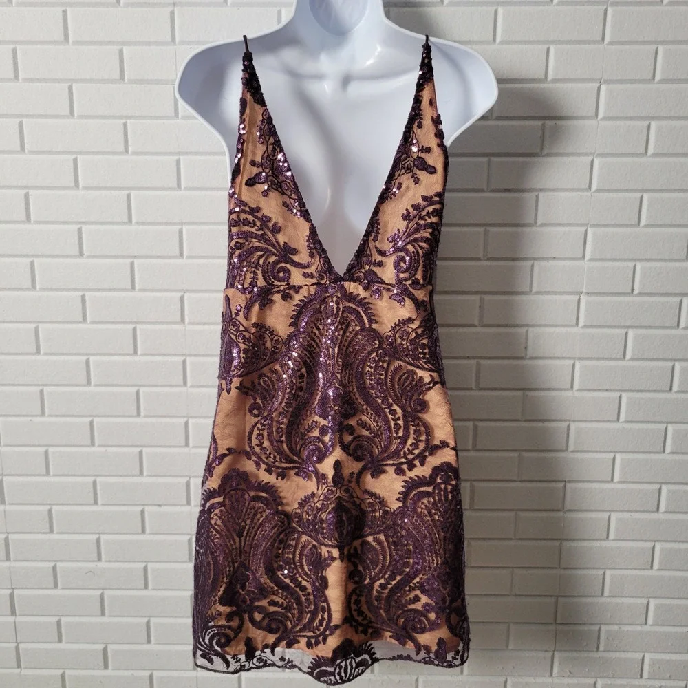 Free People Night Shimmers Mini Dress Sz 2 Purple Sequin Flapper Cocktail